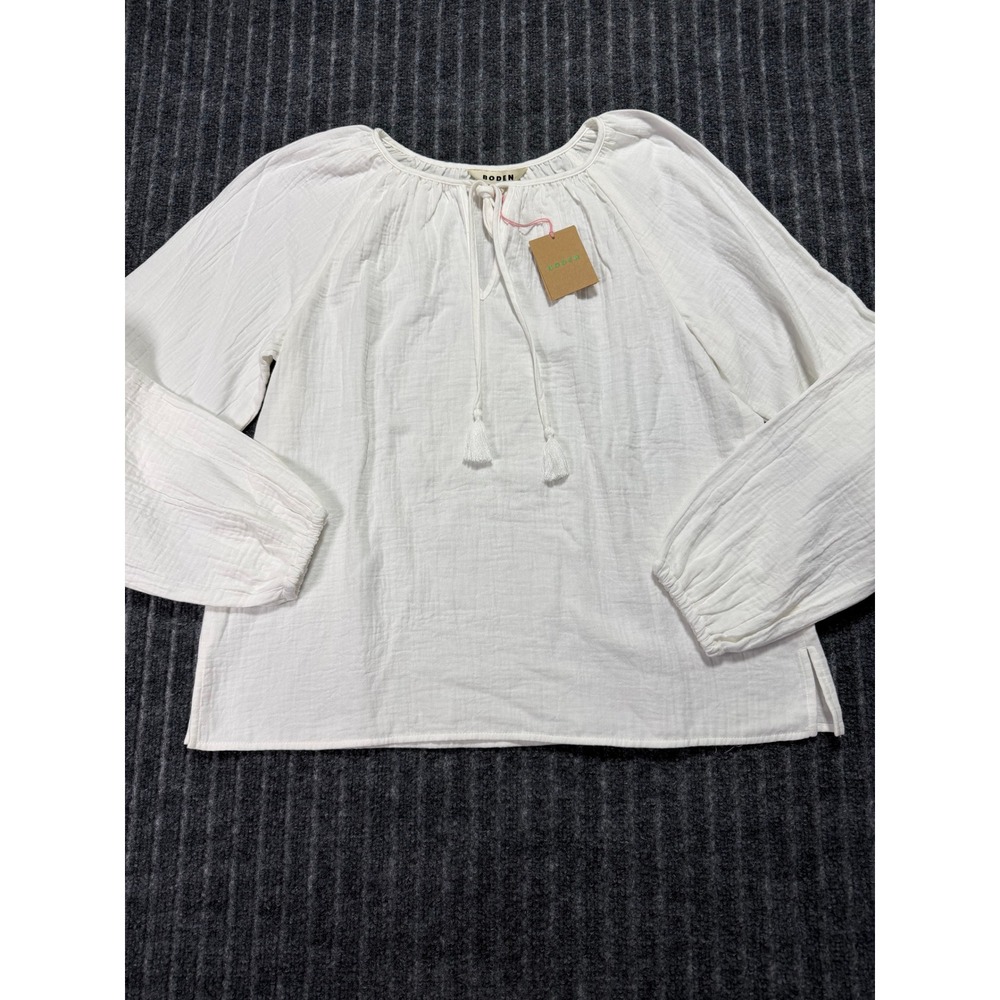 Boden Peasant Blouse Sz 8 NWT Cotton Gauze Tassel Tie Top Boho Minimalist